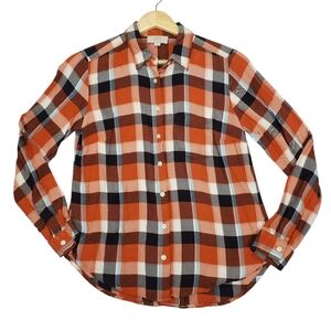 LOFT Women's Petite Plaid Long Sleeve Button Up Shirt Orange Black White Sz XS